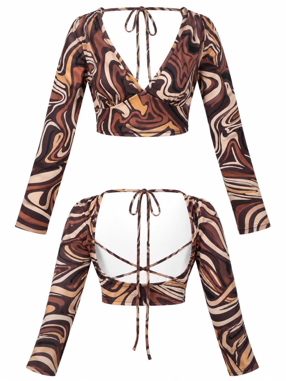 SHEIN Brown Swirl Print Long Sleeve Tie Back Crop Top XS